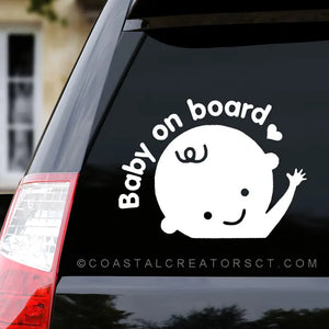 Baby on Board with Face Vinyl Window Sticker Decal (White)